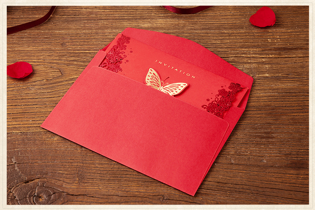 Zaproszenia ślubne w stylu vintage z laserowo wycinanymi motylami, eleganckie i luksusowe, czerwone - Wianko - 2