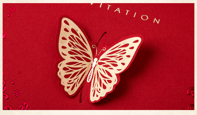 Zaproszenia ślubne w stylu vintage z laserowo wycinanymi motylami, eleganckie i luksusowe, czerwone - Wianko - 4