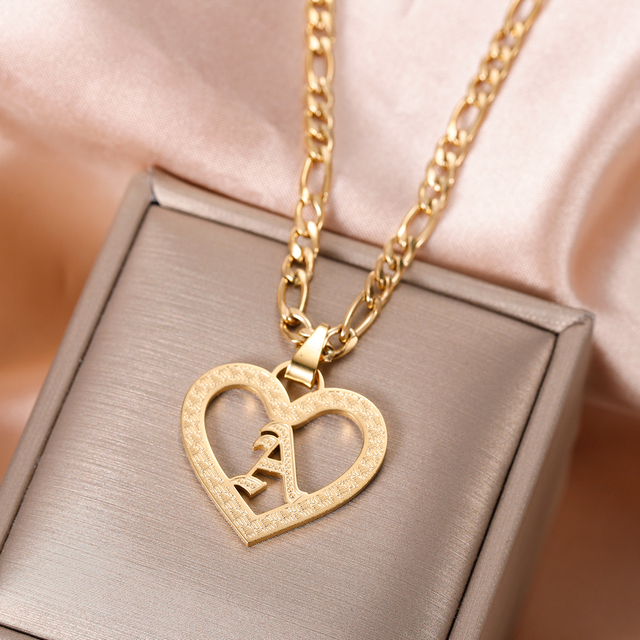 Spersonalizowany serce breloczek ze złotej płyty 18K, z inicjałami A-Z, na naszyjniku z amuletami - biżuteria dla kobiet - Wianko - 4