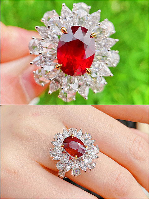 Pierścionek z luksusowym czerwonym rubinem i kamieniami diamentowymi, wykonany z 18-karatowego białego złota - Wianko - 18