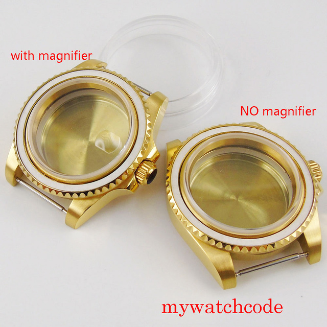 Żółty złoty męski zegarek o średnicy 40 mm z kopertą ze stali nierdzewnej. Pasuje do mechanizmu automatycznego NH35, NH36, Miyota 8215 i ETA 2836. Wyposażony w szafirowe szkło - Wianko - 1