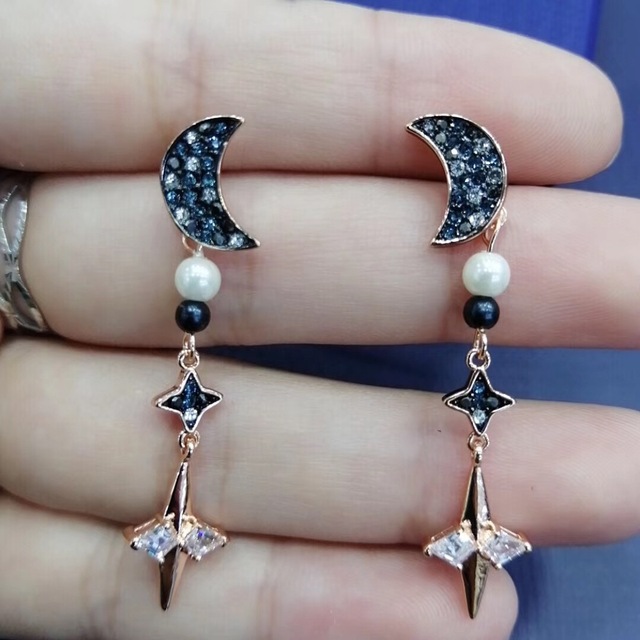 Kolczyki z zapięciem typu sztyft SWA1:1 - oryginalna biżuteria 2020, uroczy wisiorek gwiazda i księżyc, czarne magiczne kolczyki romantyczny prezent dla kobiet - Wianko - 4