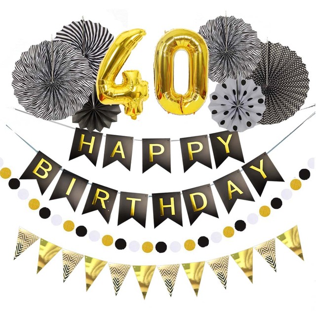 Zestaw dekoracji DIY dla przyjęcia urodzinowego - papierowe wentylatory, balon aluminiowy, flaga z cyframi - czarno-złote o rozmiarach 30, 40, 50, 60 - Wianko - 10