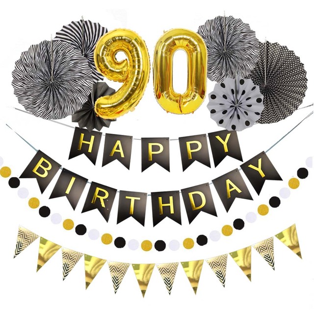 Zestaw dekoracji DIY dla przyjęcia urodzinowego - papierowe wentylatory, balon aluminiowy, flaga z cyframi - czarno-złote o rozmiarach 30, 40, 50, 60 - Wianko - 15