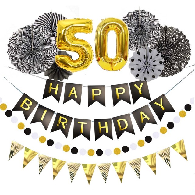 Zestaw dekoracji DIY dla przyjęcia urodzinowego - papierowe wentylatory, balon aluminiowy, flaga z cyframi - czarno-złote o rozmiarach 30, 40, 50, 60 - Wianko - 11