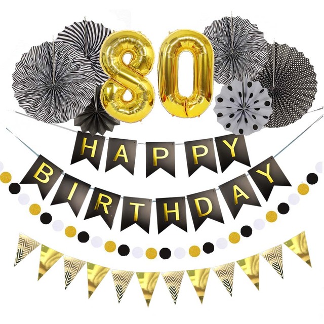Zestaw dekoracji DIY dla przyjęcia urodzinowego - papierowe wentylatory, balon aluminiowy, flaga z cyframi - czarno-złote o rozmiarach 30, 40, 50, 60 - Wianko - 14