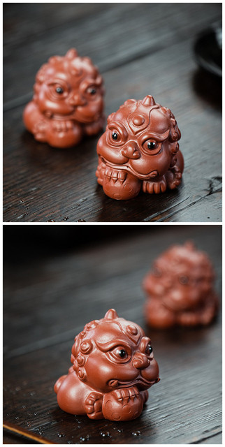 Figurka lwa z chińskiej purpurowej gliny - rzeźba zwierzęca dla szczęścia, handmade ozdoba na biurko, zestaw do herbaty, dekoracja domu, prezent - Wianko - 1