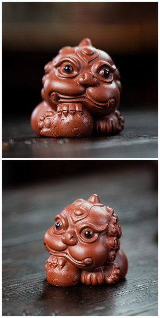 Figurka lwa z chińskiej purpurowej gliny - rzeźba zwierzęca dla szczęścia, handmade ozdoba na biurko, zestaw do herbaty, dekoracja domu, prezent - Wianko - 3