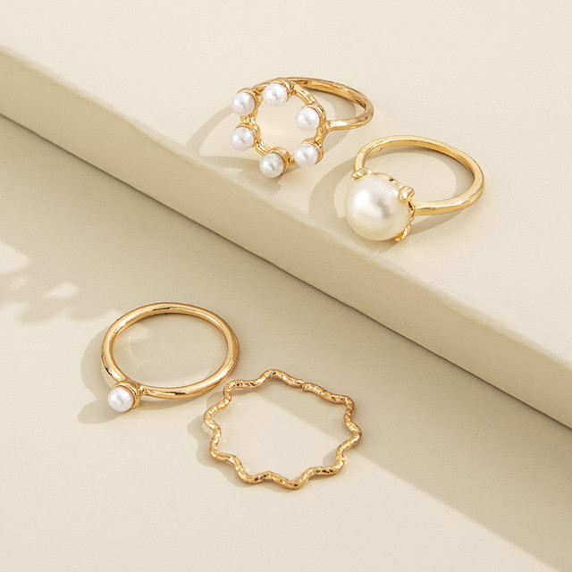 Zestaw 4 prostych pierścieni ze złota z geometrycznym wzorem - biżuteria w stylu wesele - dla kobiet - Wianko - 6