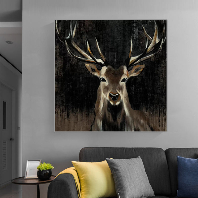 Abstrakcyjne czarno-białe płótno z malarstwem ściany przedstawiające zwierzę - jelenia w stylu Nordic: plakaty i druki zdjęć do dekoracji salonu - Wianko - 1