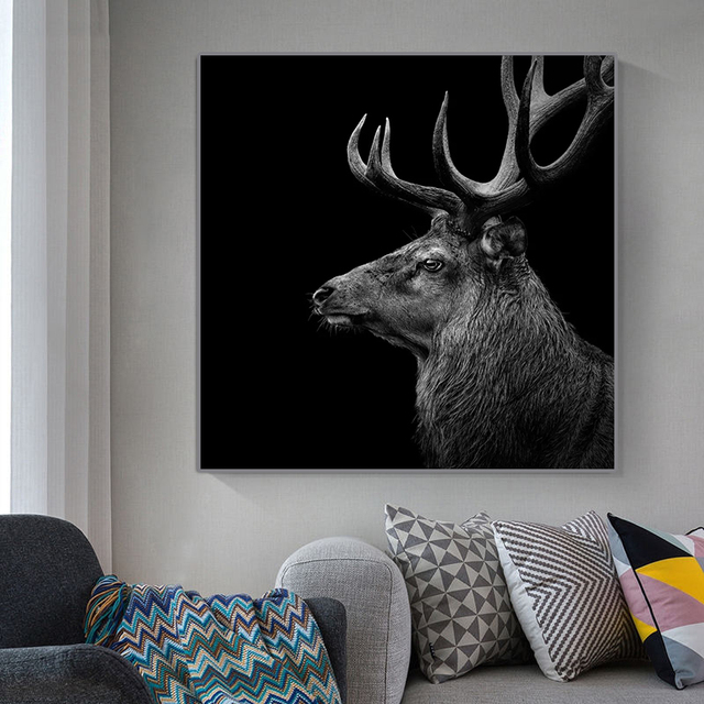 Abstrakcyjne czarno-białe płótno z malarstwem ściany przedstawiające zwierzę - jelenia w stylu Nordic: plakaty i druki zdjęć do dekoracji salonu - Wianko - 2
