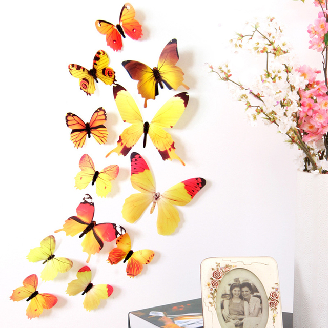 Dekoracje ścienne - 12 sztuk/partia pcv 3D Butterfly - Motyle naklejki - Śliczne naklejki ścienne - Ozdoby wnętrz domowych - 4 kolory opcjonalne - Wianko - 3