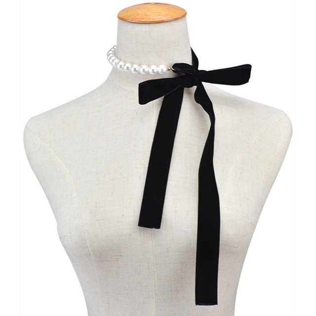 Elegancka opaska Choker z szeroką, czarną aksamitną kokardą oraz imitacją perły, ozdobiona koralikami - biżuteria gotycka świąteczne prezenty - Wianko - 9