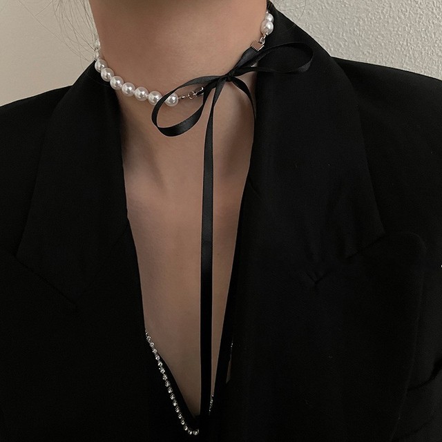 Elegancka opaska Choker z szeroką, czarną aksamitną kokardą oraz imitacją perły, ozdobiona koralikami - biżuteria gotycka świąteczne prezenty - Wianko - 8