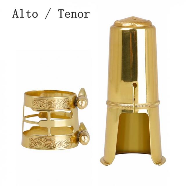 Ustnik do saksofonu tenorowego i altowego, metalowy, rzeźbiony, ligatura mosiężna z nakładkami ochronnymi - złote - Wianko - 1