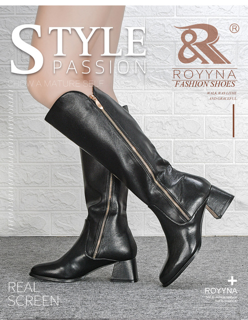 Kozaki do kolan dla kobiet ROYYNA 2022 - nowa kolekcja luksusowych butów projektantów, krótkie pluszowe, zamek, modne, wysoki obcas, ocieplane - Wianko - 4