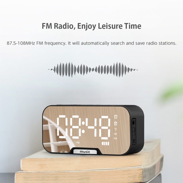 Budzik muzyczny zegar cyfrowy z radiem FM i LED lustrem, 2 alarmy, drzemka, ściemnianie, ładowanie USB - Wianko - 11