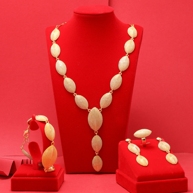 Zestaw biżuterii - naszyjnik, wisiorek, kolczyki wykonane z 24K złotego koloru z Dubaju dla kobiet z Afryki i Indii na wesele i zaręczyny - Wianko - 3