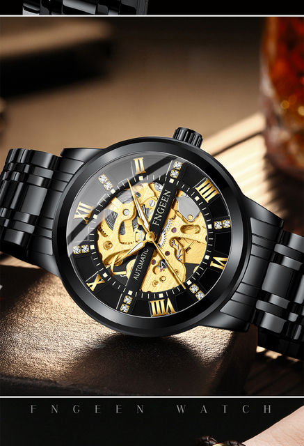 Złoty zegarek mechaniczny samonakręcający się na rękę dla mężczyzn - luksusowy, szkieletowy, diamentowa tarcza, Tourbillon - Wianko - 2