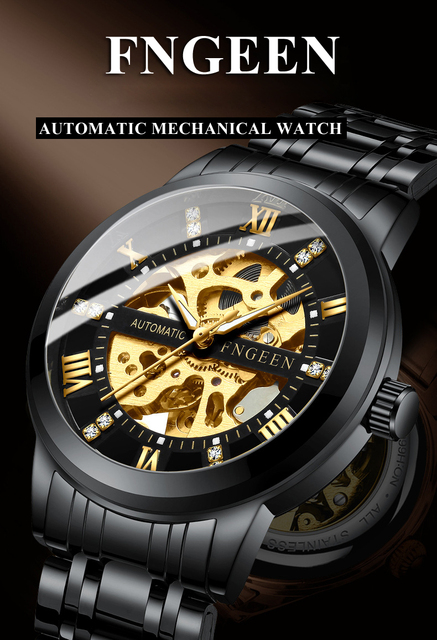 Złoty zegarek mechaniczny samonakręcający się na rękę dla mężczyzn - luksusowy, szkieletowy, diamentowa tarcza, Tourbillon - Wianko - 1