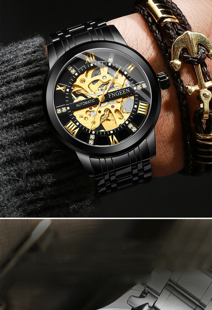 Złoty zegarek mechaniczny samonakręcający się na rękę dla mężczyzn - luksusowy, szkieletowy, diamentowa tarcza, Tourbillon - Wianko - 3