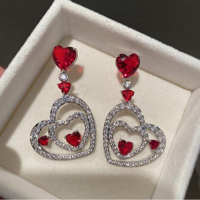 Kolczyki wiszące Duże i małe, czerwone kryształy cyrkon z frędzlami, w kształcie serca brzoskwiniowego - Wianko - 7