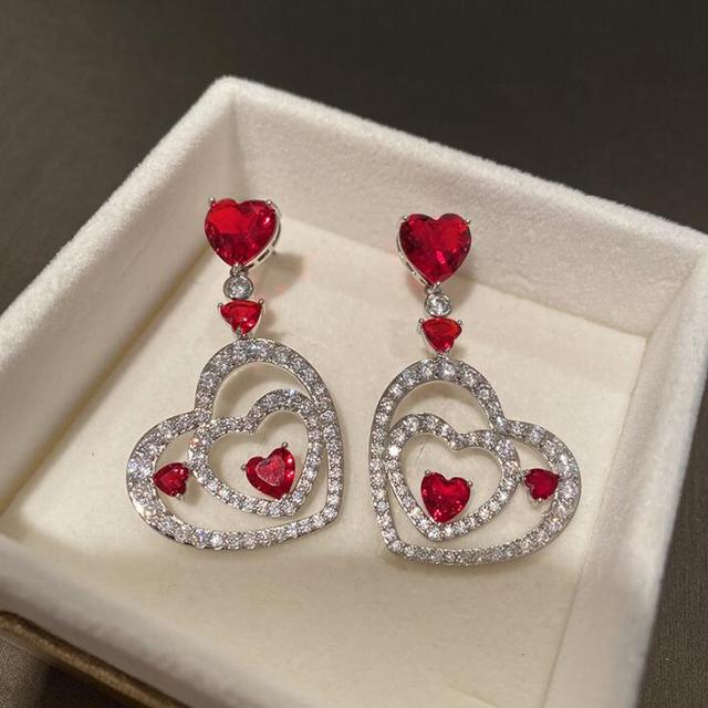 Kolczyki wiszące Duże i małe, czerwone kryształy cyrkon z frędzlami, w kształcie serca brzoskwiniowego - Wianko - 6