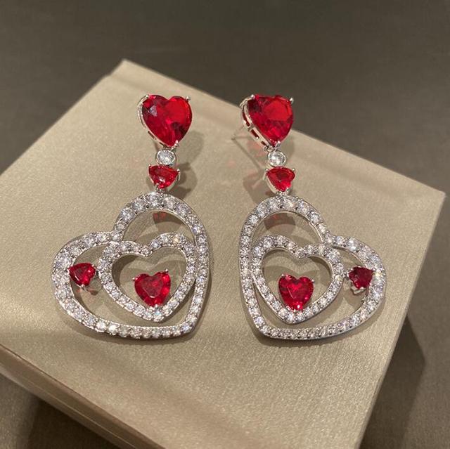 Kolczyki wiszące Duże i małe, czerwone kryształy cyrkon z frędzlami, w kształcie serca brzoskwiniowego - Wianko - 3