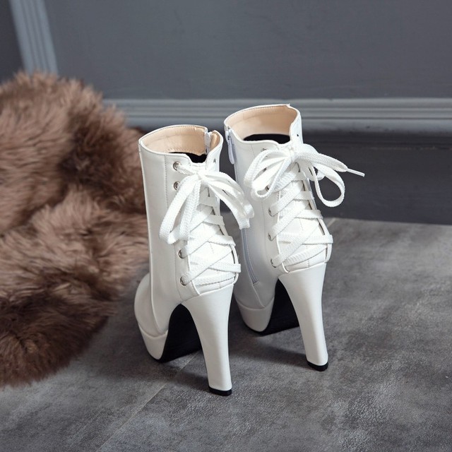 Zimowe buty damskie z platformą i wysokimi obcasami, żółto-białe, ozdobione koronką z tyłu, rozmiary 34-50 - Wianko - 13