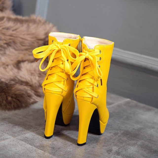 Zimowe buty damskie z platformą i wysokimi obcasami, żółto-białe, ozdobione koronką z tyłu, rozmiary 34-50 - Wianko - 11