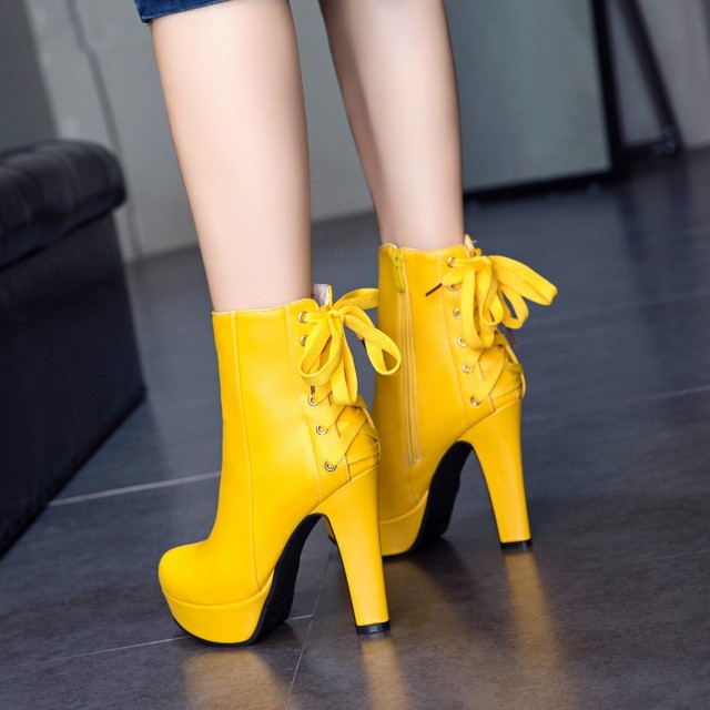Zimowe buty damskie z platformą i wysokimi obcasami, żółto-białe, ozdobione koronką z tyłu, rozmiary 34-50 - Wianko - 7