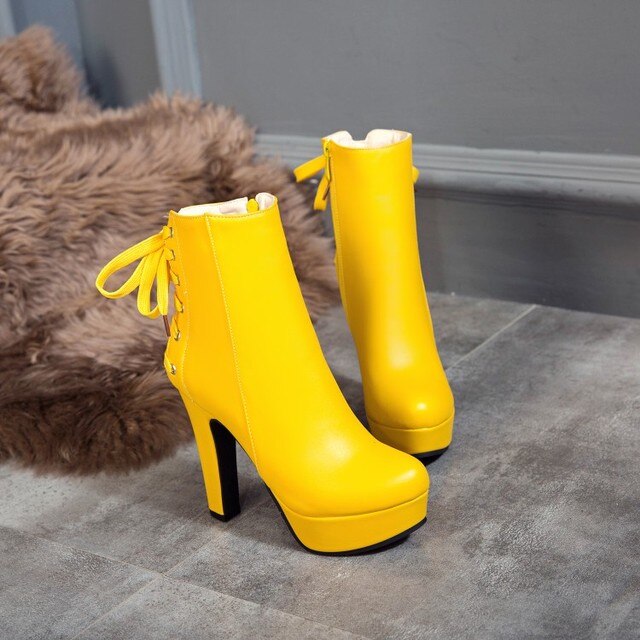 Zimowe buty damskie z platformą i wysokimi obcasami, żółto-białe, ozdobione koronką z tyłu, rozmiary 34-50 - Wianko - 12