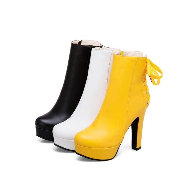 Zimowe buty damskie z platformą i wysokimi obcasami, żółto-białe, ozdobione koronką z tyłu, rozmiary 34-50 - Wianko - 3