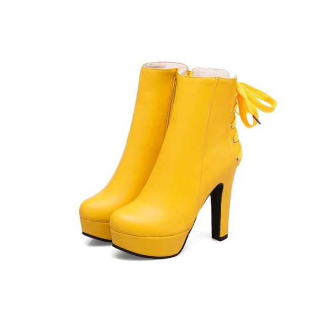 Zimowe buty damskie z platformą i wysokimi obcasami, żółto-białe, ozdobione koronką z tyłu, rozmiary 34-50 - Wianko - 4