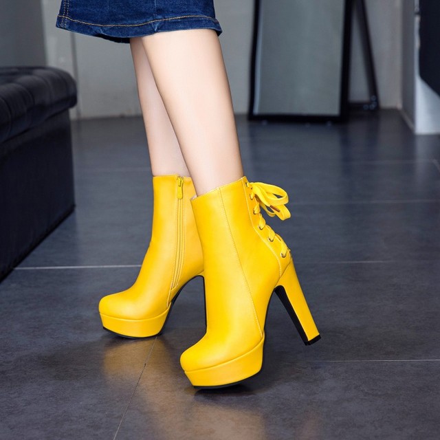 Zimowe buty damskie z platformą i wysokimi obcasami, żółto-białe, ozdobione koronką z tyłu, rozmiary 34-50 - Wianko - 8