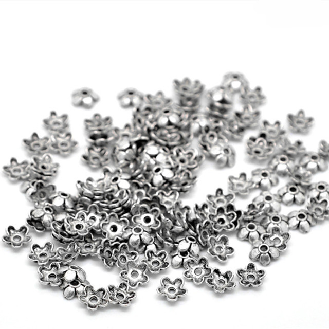 Koraliki ze stopu cynku DoreenBeads - czapki kwiat w kolorze Antique srebrny, handmade DIY, ocena biżuteria (300 sztuk, 6mm x 6mm) - Wianko - 3
