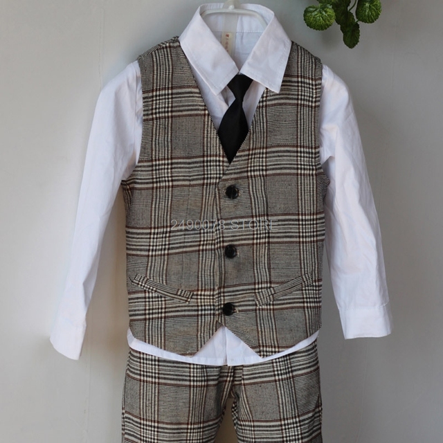 Garnitur dziecięcy chłopięcy - Vest + Blazer + Spodnie + Krawat, 4 części, strojowy, kostium na przyjęcie, ubrania na wesele, 2-12 lat - Wianko - 11