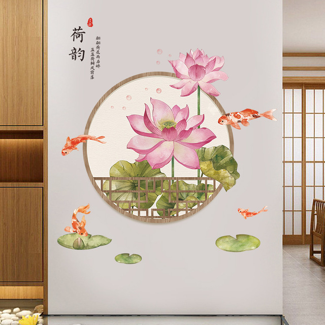 Naklejki ścienne Lotus w stylu chińskim - dekoracja sypialni antyczne Mural samoprzylepne ganek - Wianko - 4