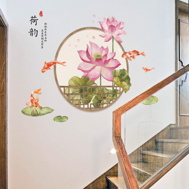 Naklejki ścienne Lotus w stylu chińskim - dekoracja sypialni antyczne Mural samoprzylepne ganek - Wianko - 3