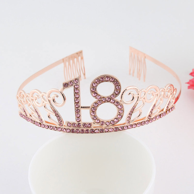Dekoracja urodzinowa różowe złoto - satynowa szarfa, kryształowa korona, Tiara - 18, 21, 30, 40, 50 rocznica, nowy, wielkanoc - Wianko - 33