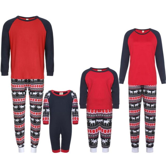 Zestaw piżam dla rodziców i dzieci w stylu Color Block z długim T-shirtem, nadrukiem łosia oraz spodniami kombinezonowymi - Wianko - 2