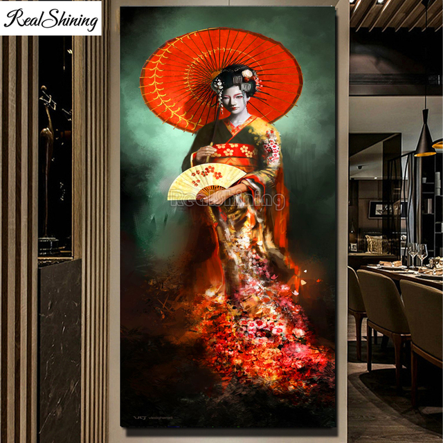 Diamentowe malowanie 5D: Japońskie kimono, Geisha, czerwony parasol, haft. T649 - Wianko - 2