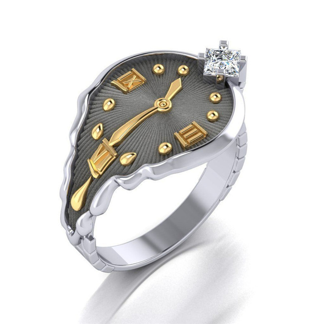 Pierścień dwukolorowy zegar inkrustowany cyrkoniami FFLACELL - moda Punk Vintage, męska i damska biżuteria na imprezę, prezent - Wianko - 1