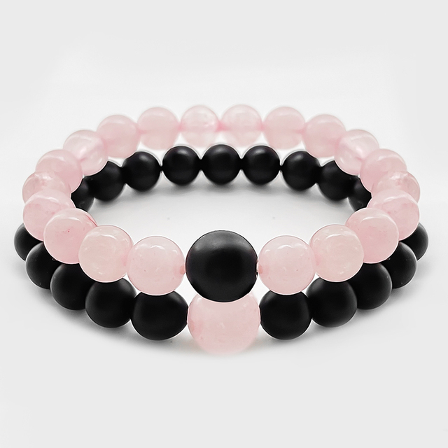 Mody pleciona bransoletka z czarnym i różowym kamieniem naturalnym - ozdobiona koralikami 8 mm - biżuteria dla kobiet - Wianko - 3