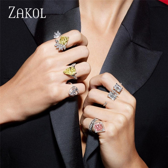 Zestaw biżuterii Cubic z dwoma sztukami dużych, luksusowych żółtych kwadratowych kolczyków i pierścionków z cyrkonami - moda na wesele - nowość 2021 - Wianko - 4