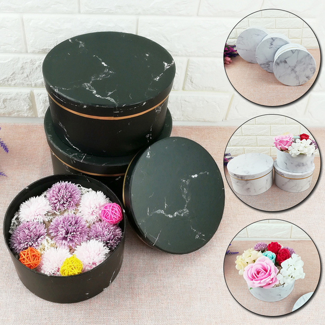 Zestaw 3 okrągłych pudełek na kwiaty ze wzorem marmuru - idealne na prezenty ślubne i urodzinowe - Wianko - 1