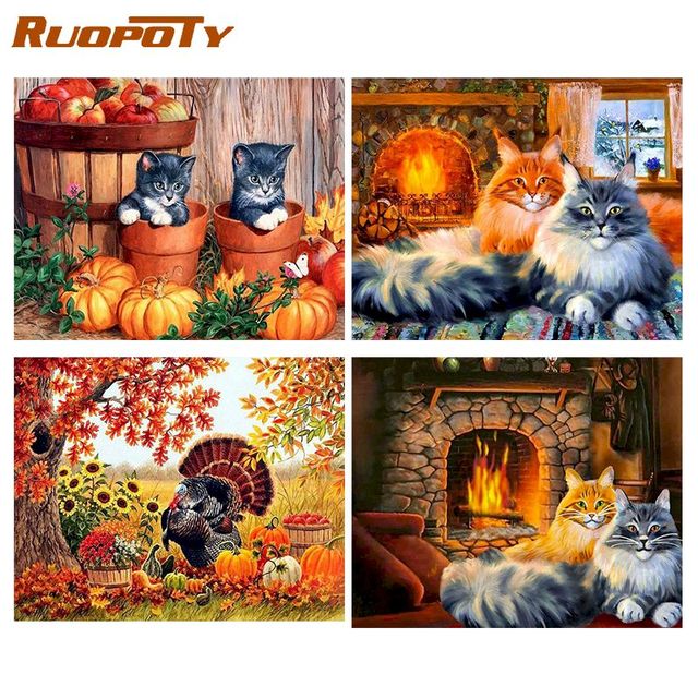Malarstwo według wzoru RUOPOTY 40*50cm – koty i zwierzęta, akryl na płótnie, ręcznie malowane dekoracje do domu, sztuka Craft - Wianko - 1