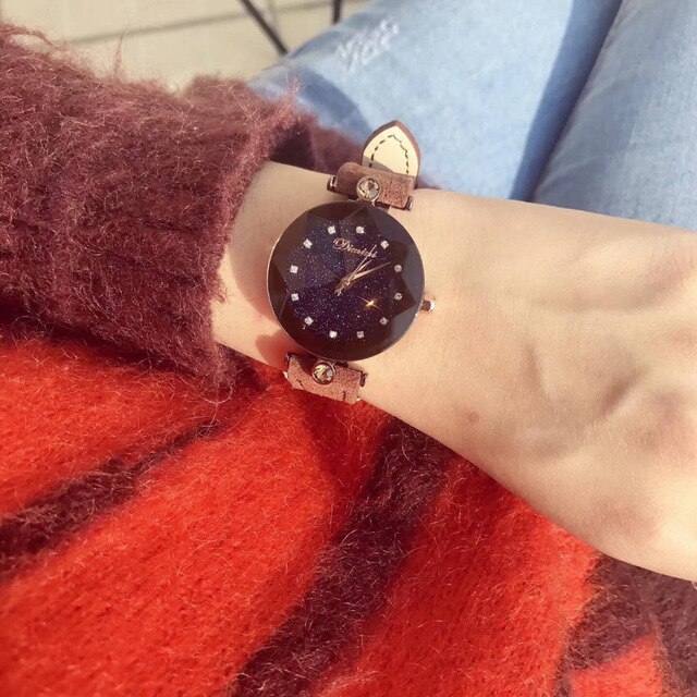 Zegarek damski niebieski wodoodporny z prawdziwym futrem skórzanym, zdobiony ciętymi szklanymi gwiazdami i kryształowym kwarcowym mechanizmem Montre Femme - Wianko - 11
