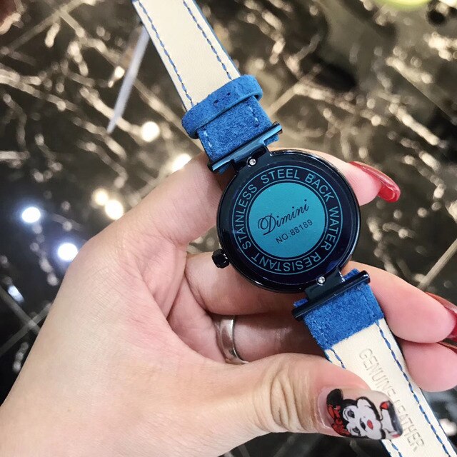Zegarek damski niebieski wodoodporny z prawdziwym futrem skórzanym, zdobiony ciętymi szklanymi gwiazdami i kryształowym kwarcowym mechanizmem Montre Femme - Wianko - 6
