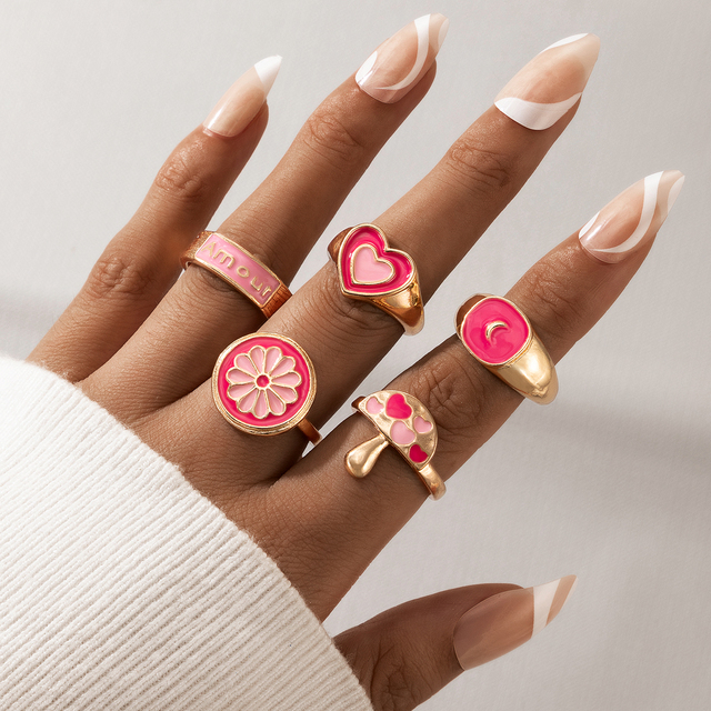 Pierścionek Tocona z różowym sercem – zestaw 5 sztuk dla kobiet i dziewcząt, biżuteria z motywem grzybów, kwiatów i księżyca - Wianko - 1